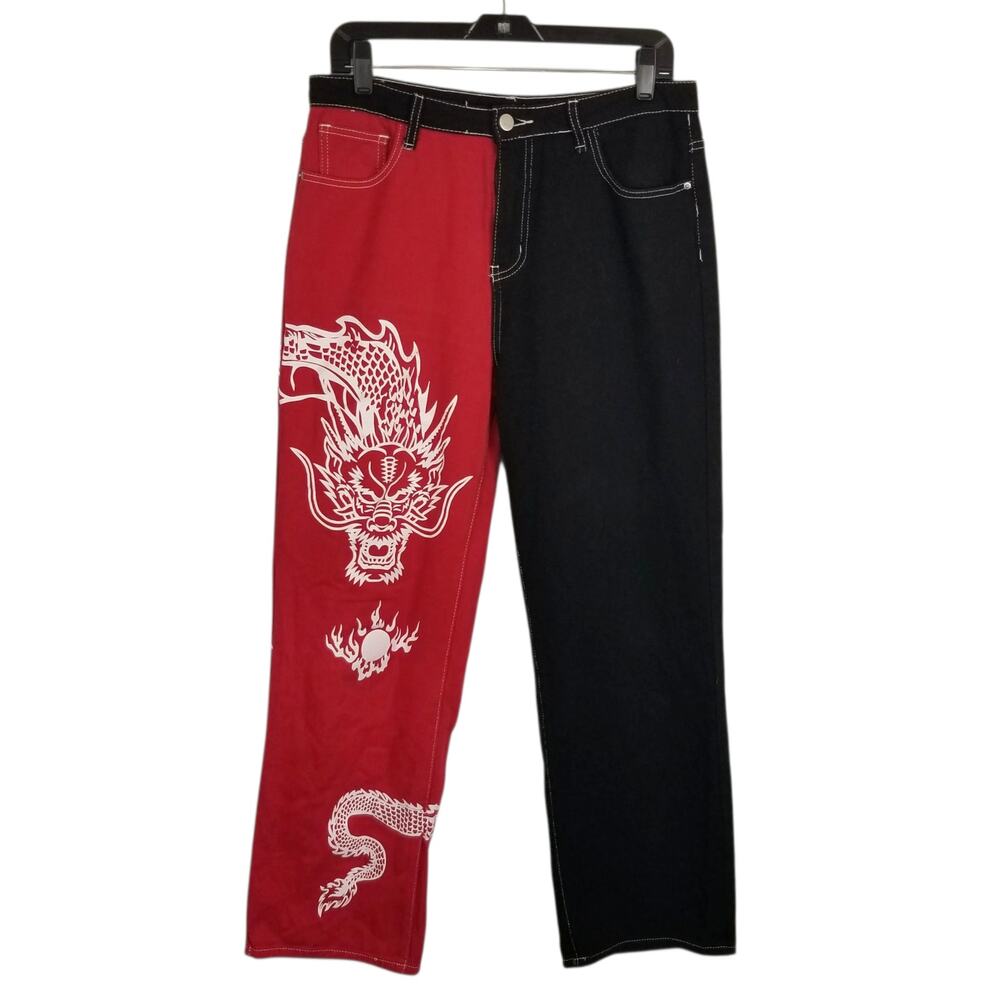 Shein Women's High Rise Dragon Red Black Colorblock Jeans Size Large / 10 / 30